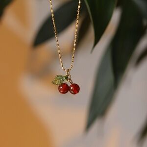 New Gold Cherry Pendant Necklace – Dainty Fruit Charm Jewelry, 18K Gold Plated